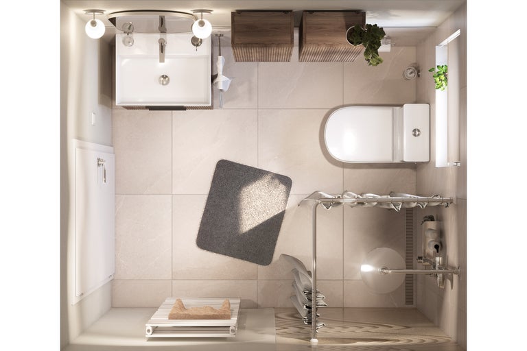 Vogelperspektive eines hellen Badezimmers mit Waschtisch, Toilette, Heizkörper und Badaccessoires