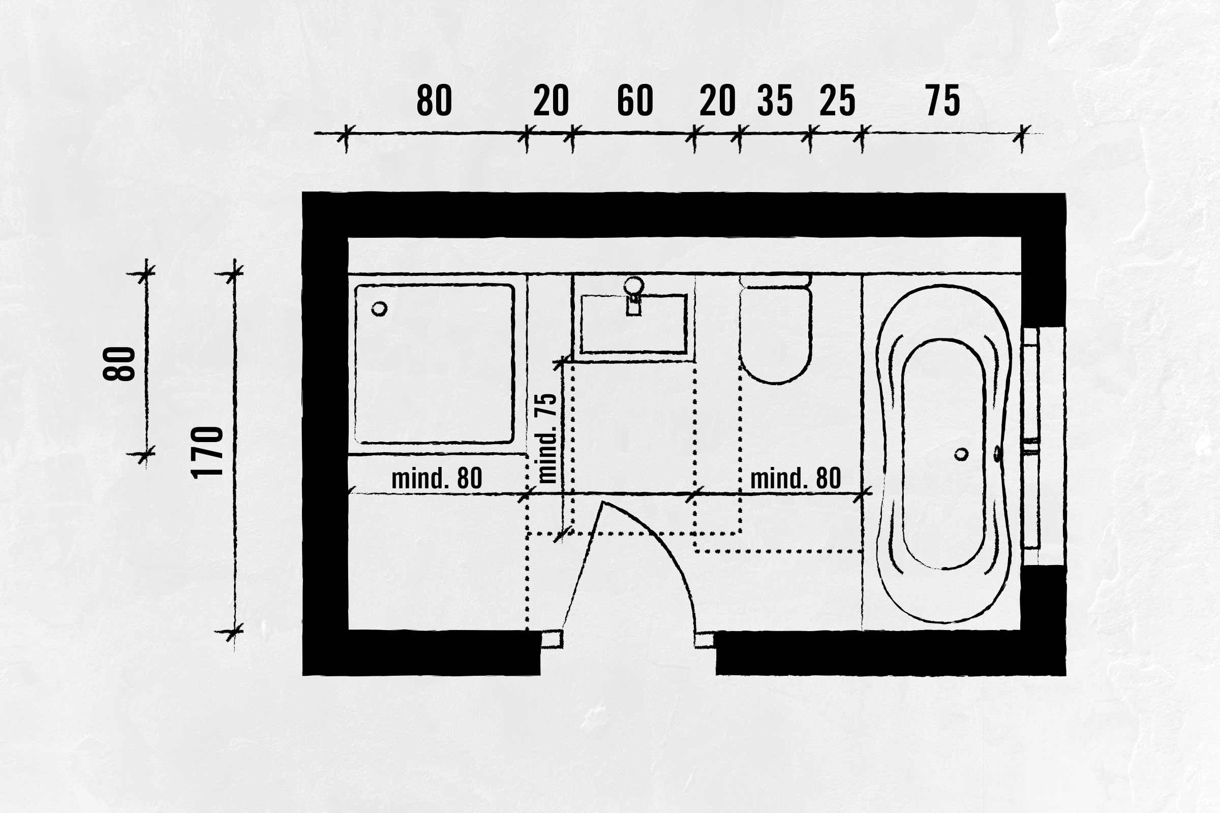 Grundriss eines Badezimmers mit Dusche, Waschbecken, Toilette und Badewanne mit Maßangaben