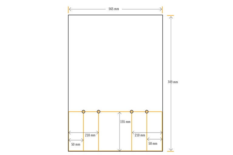 Abmessungen eines Schranks: 565 mm breit und 749 mm hoch