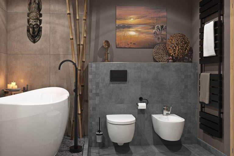 Modernes Badezimmer mit freistehender Badewanne, Wandtoilette und Bidet vor grauen Fliesen