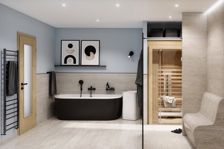 Helles Badezimmer mit freistehender Badewanne, Sauna und Sitzbank
