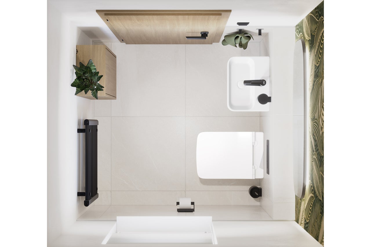 Vue de dessus d'une salle de bains moderne avec toilettes blanches, lavabo, radiateur noir, meuble en bois, plante et miroir sur fond de feuilles.