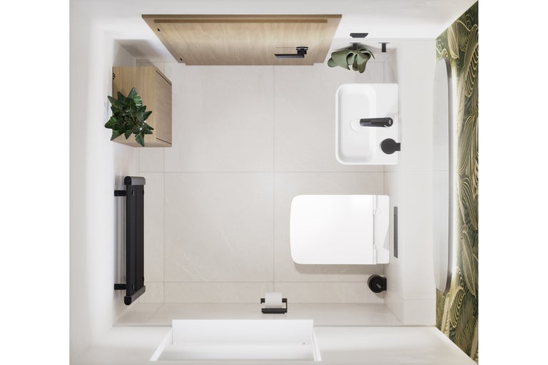 Vue de dessus d'une salle de bains moderne avec toilettes blanches, lavabo, radiateur noir, meuble en bois, plante et miroir sur fond de feuilles.