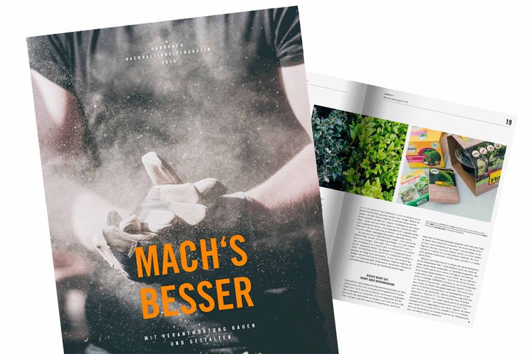 Magazine Hornbach sur le développement durable 2018 avec une personne et des conseils de jardinage