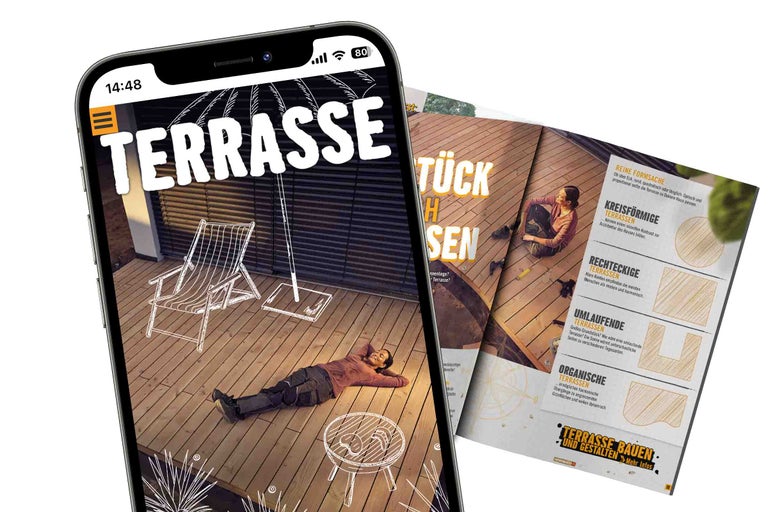Smartphone mit Hornbach Terrassen App neben einer Zeitschrift zum Thema Terrassenbau
