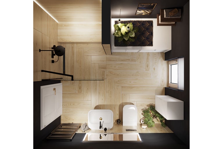 Vue de dessus d'une salle de bains moderne, carrelage imitation bois, douche noire, lavabo blanc, WC suspendu et meuble sous vasque blanc.