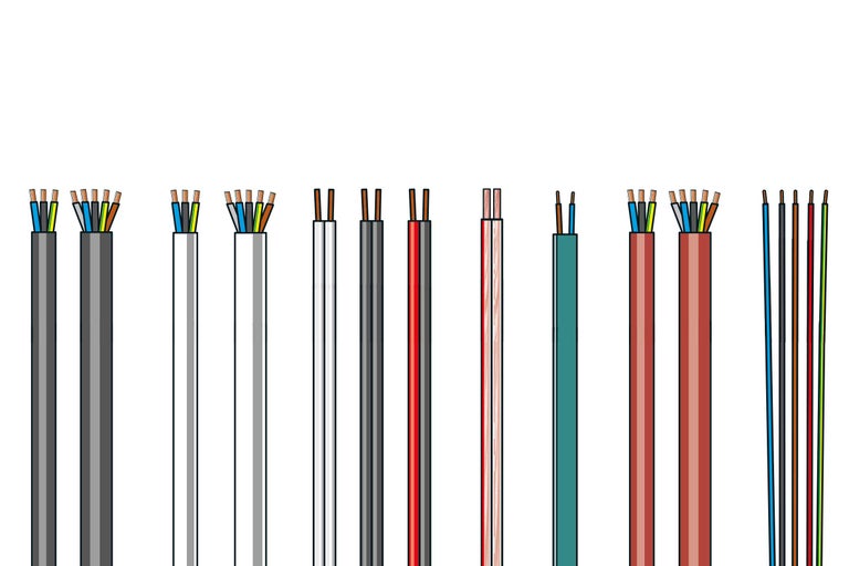 Verschiedene Elektrokabeltypen im Querschnitt.