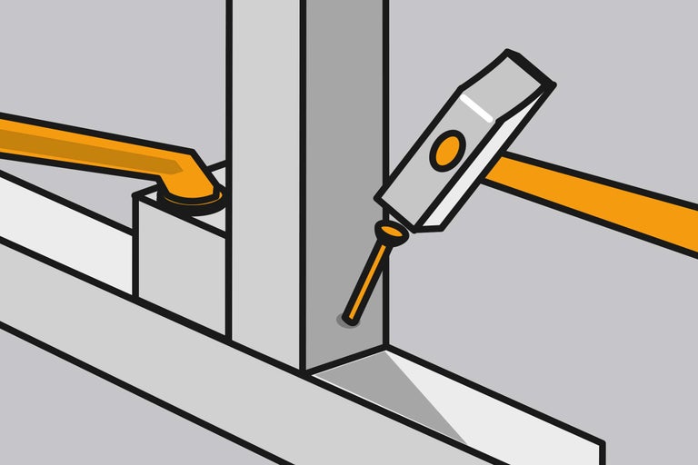 Illustration zeigt einen Hammer beim Einschlagen eines Nagels in einen Balken