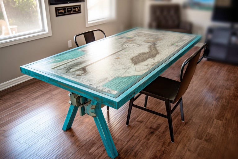 Table à manger avec carte du monde et deux chaises dans la salle à manger