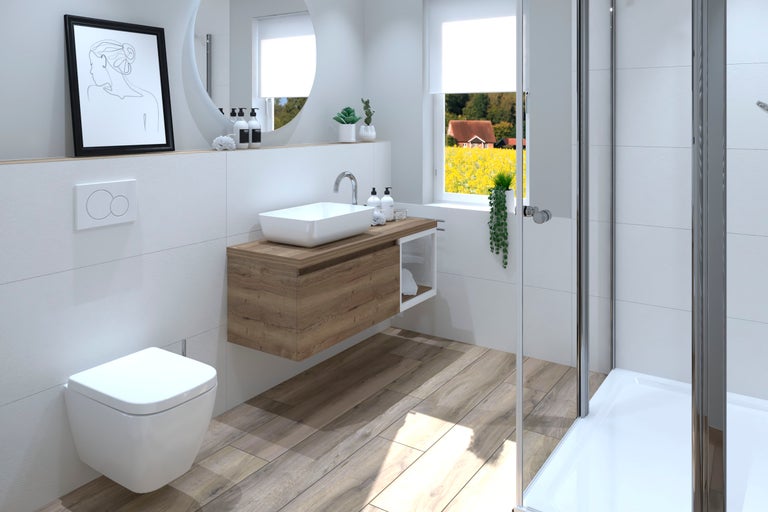 Helles Badezimmer mit Toilette, Waschtisch mit Holzunterschrank und Dusche