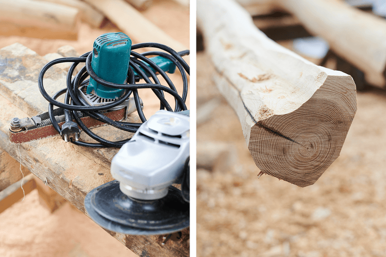 Schleifmaschine und Holzstamm auf einer Holzoberfläche