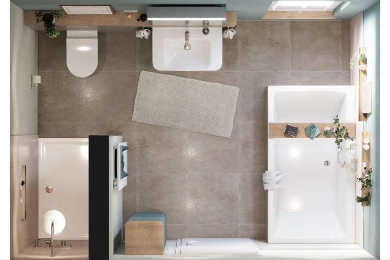 Vue de dessus d'une salle de bains lumineuse avec toilettes, lavabo, baignoire et douche