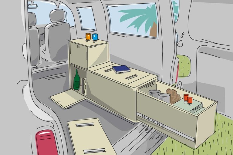 Illustration eines umgebauten Lieferwagens mit Aufbewahrungsmöbeln aus Holz
