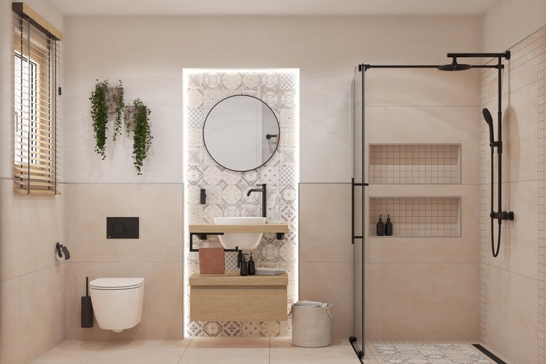 Badezimmer mit Waschtisch, Spiegel, Toilette und Dusche