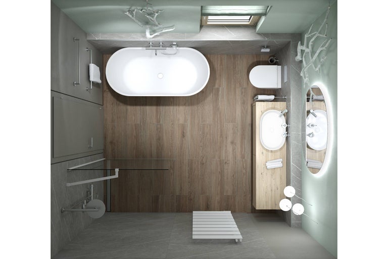 Vue de dessus d'une salle de bains avec baignoire, toilettes, lavabo et miroir