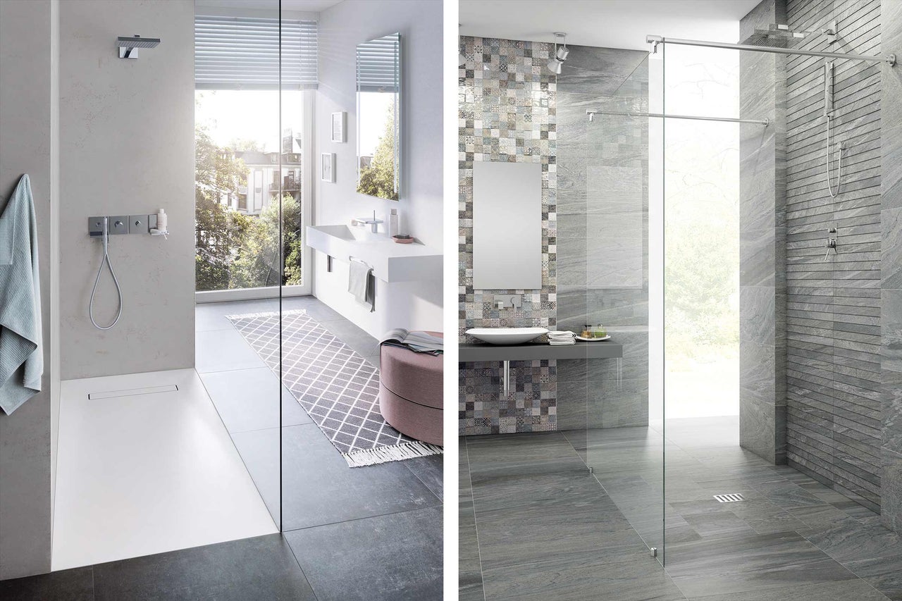 Salle de bains avec douche, lavabo et miroir