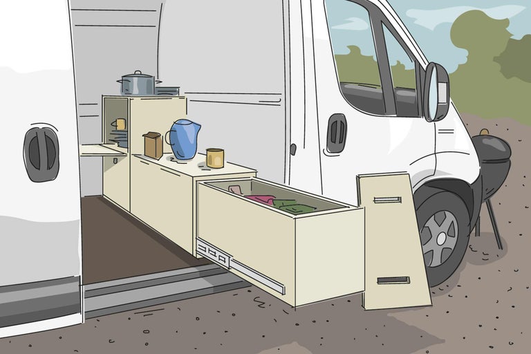 Illustration eines Lieferwagens mit eingebauter Küche und Grill im Freien