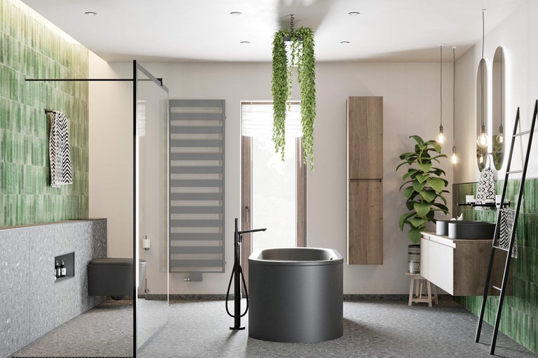Modernes Badezimmer mit Dusche, Badewanne, Waschtisch und grünen Akzenten
