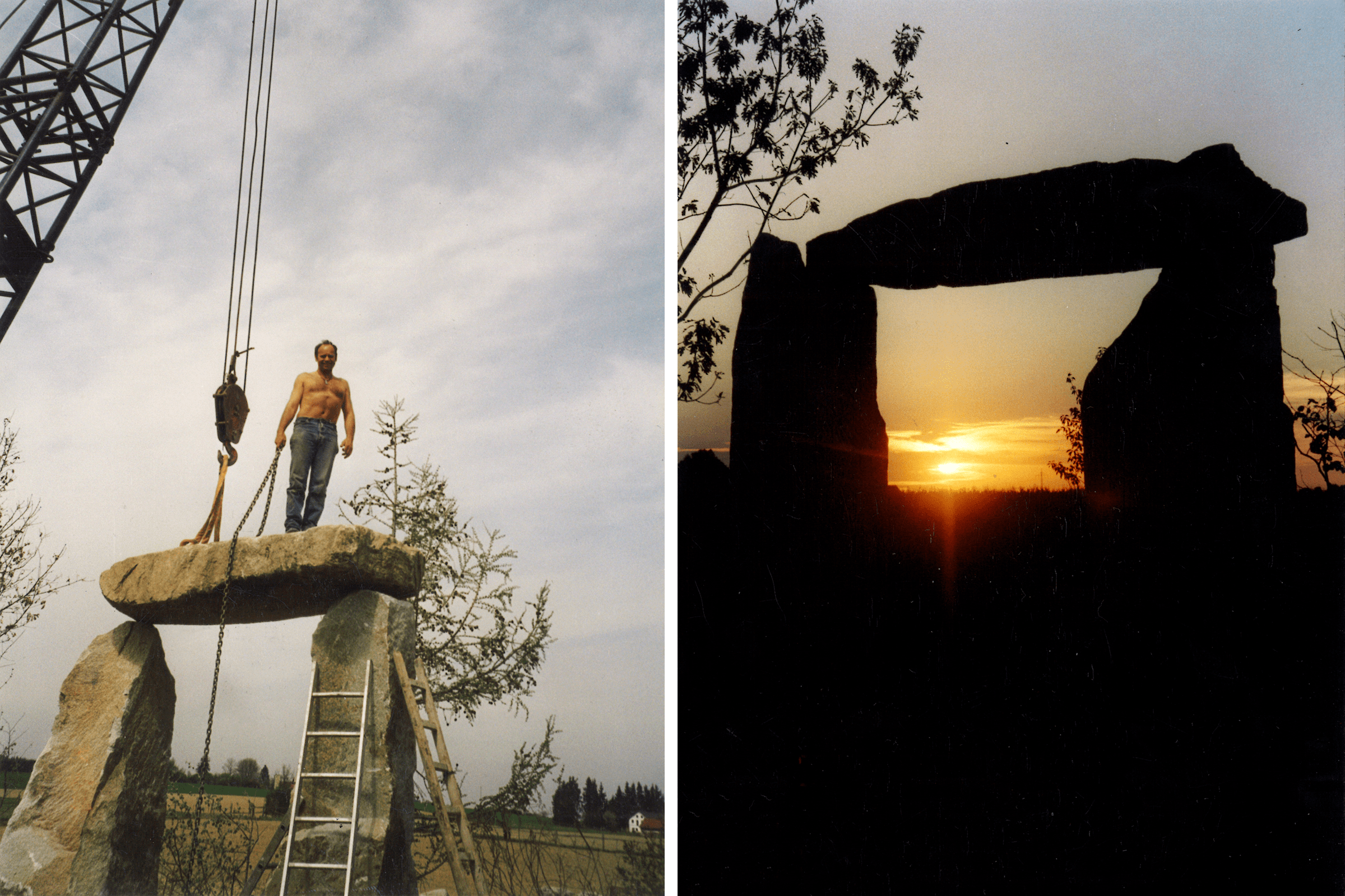 Bildmontage eines Steinmonuments im Bau und einer Silhouette eines Steinmonuments im Sonnenuntergang.