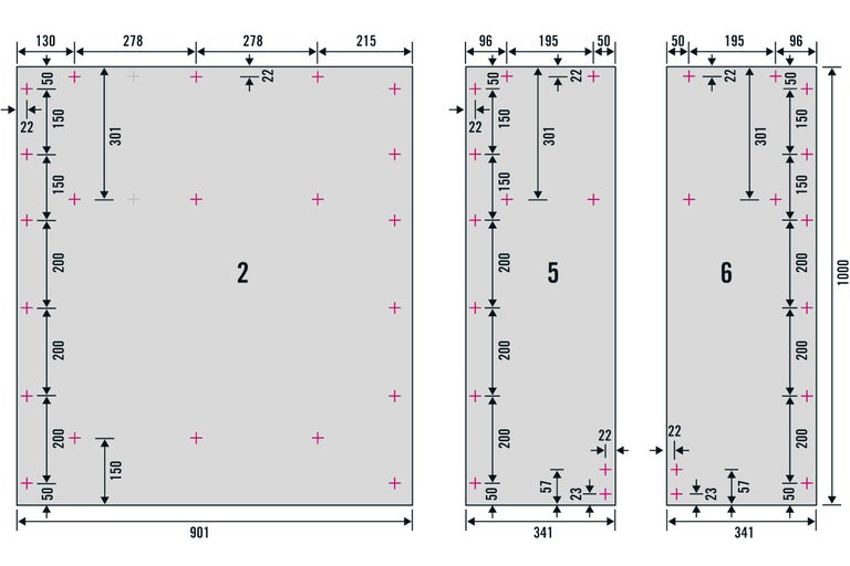 Technische Zeichnung mit Maßen und Bohrpunkten für Holzplatten