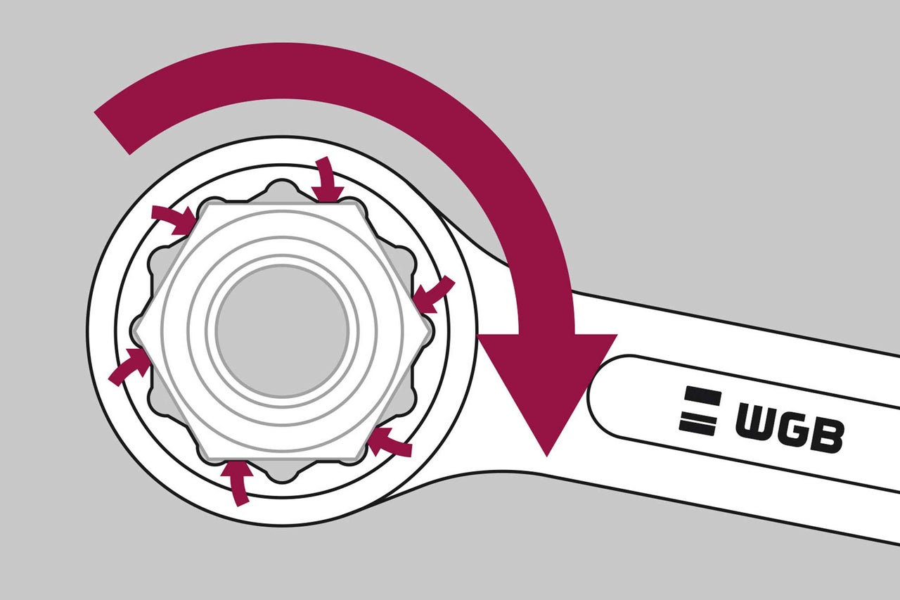 Représentation d'un écrou avec transmission de force décuplée par une clé avec flèches et logo WGB