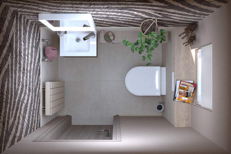 Badezimmer mit Waschbecken, Toilette und Dusche in hellem Design mit gemusterten Akzenten