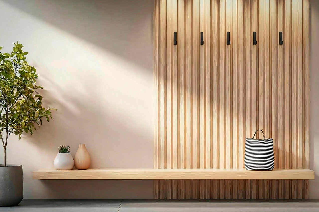 Intérieur clair avec panneaux en bois, crochets muraux et décoration sur un banc