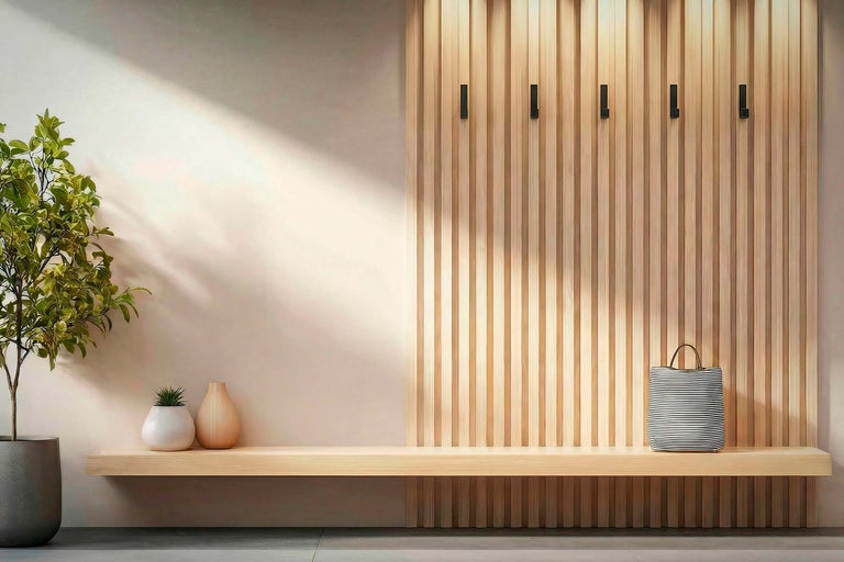 Intérieur clair avec panneaux en bois, crochets muraux et décoration sur un banc