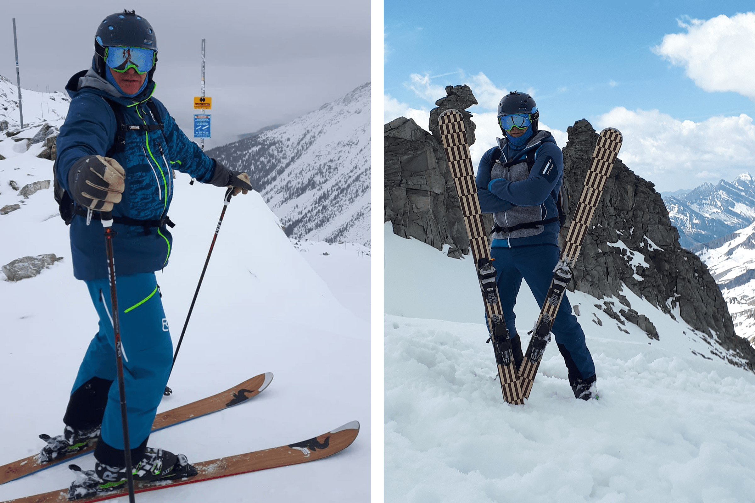 Zweiteiliges Bild zeigt eine Person beim Skifahren in einer Berglandschaft.