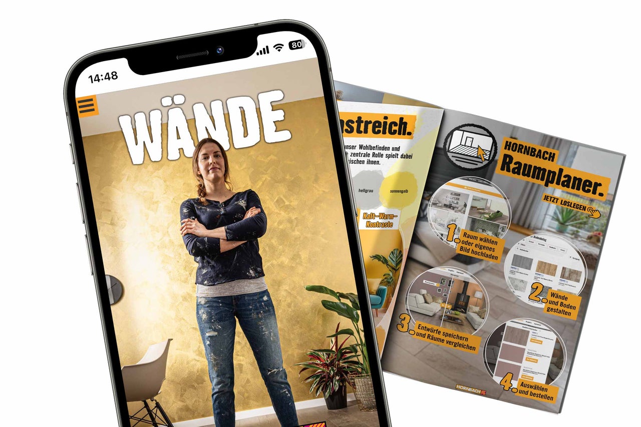 HORNBACH Logo und Smartphone mit der App Wände sowie eine Broschüre für den HORNBACH Raumplaner mit Gestaltungstipps.