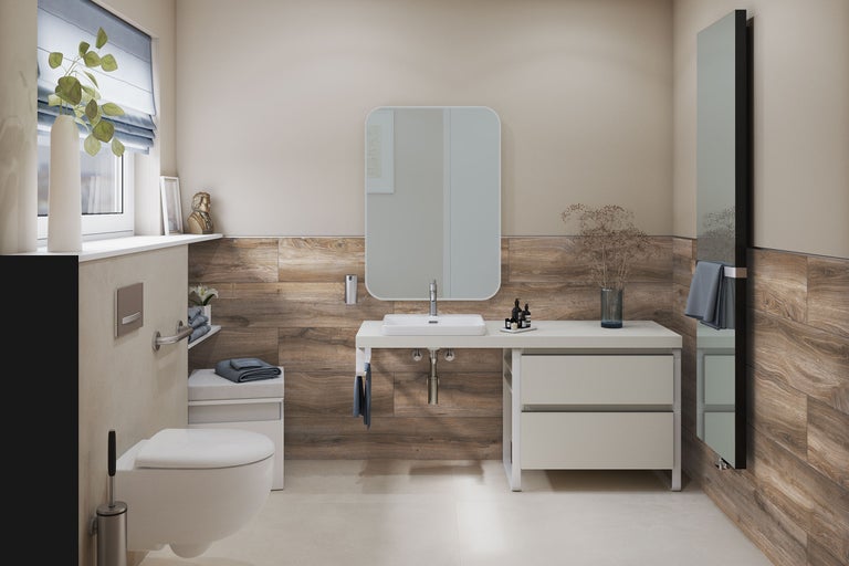 Salle de bain lumineuse avec lavabo, miroir, WC et panneaux en bois