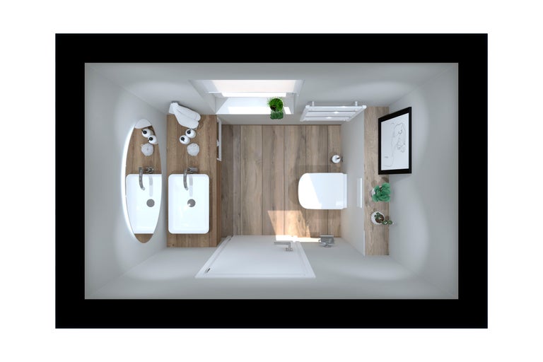 Vogelperspektive eines Badezimmers mit Doppelwaschbecken, Toilette, Handtuchwärmer und Dekoration