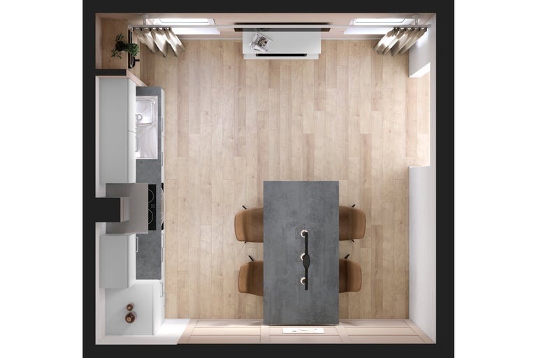 Vogelperspektive einer hellen und modernen Küche mit Esstisch und Stühlen