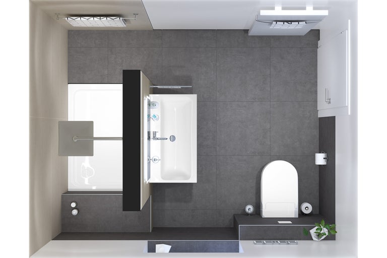 Vue de dessus d'une salle de bains avec baignoire, douche et toilettes