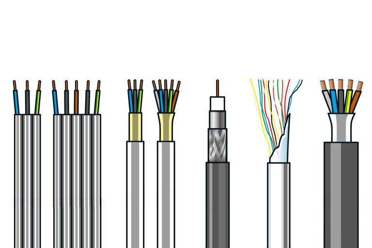 Verschiedene elektrische Kabel und Leitungen im Querschnitt.