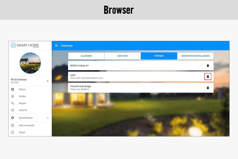 Vue du navigateur Smart Home Gateway avec options de périphérique