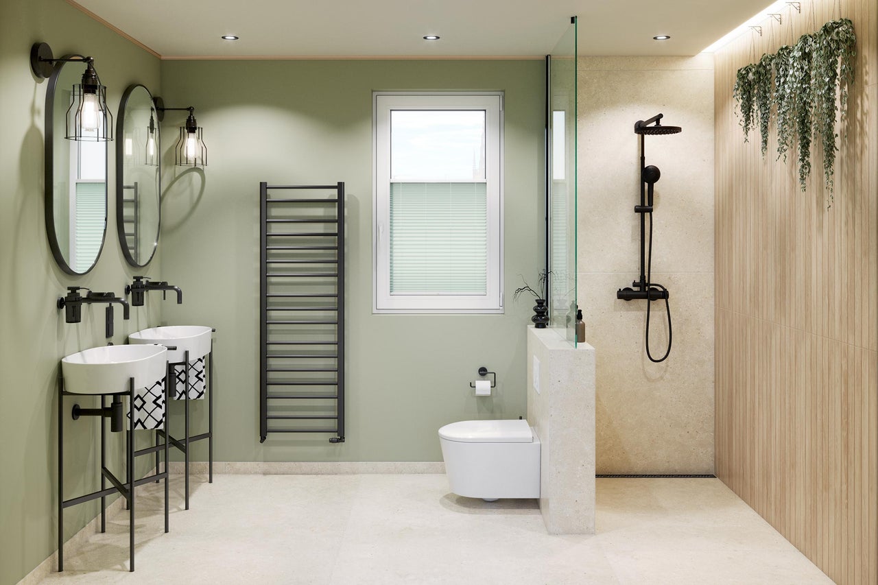 Salle de bains avec lavabo double, radiateur, toilettes et douche