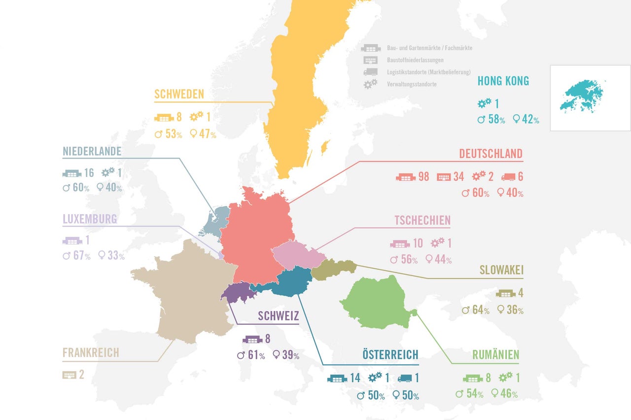 Übersichtskarte der Hornbach Standorte in Europa und Hong Kong