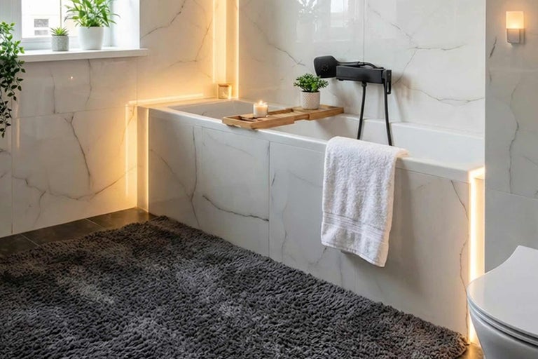 Salle de bain lumineuse avec baignoire, tapis de bain et plantes