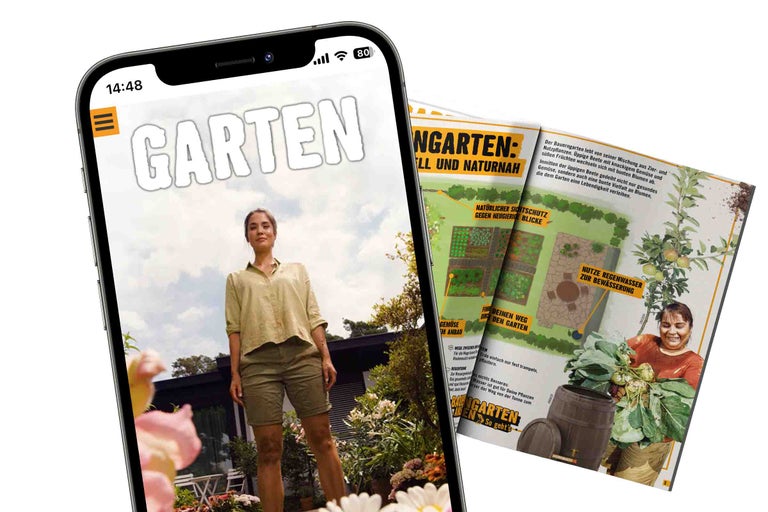 Smartphone avec le magazine de jardin Hornbach à l'écran et un magazine de jardin ouvert