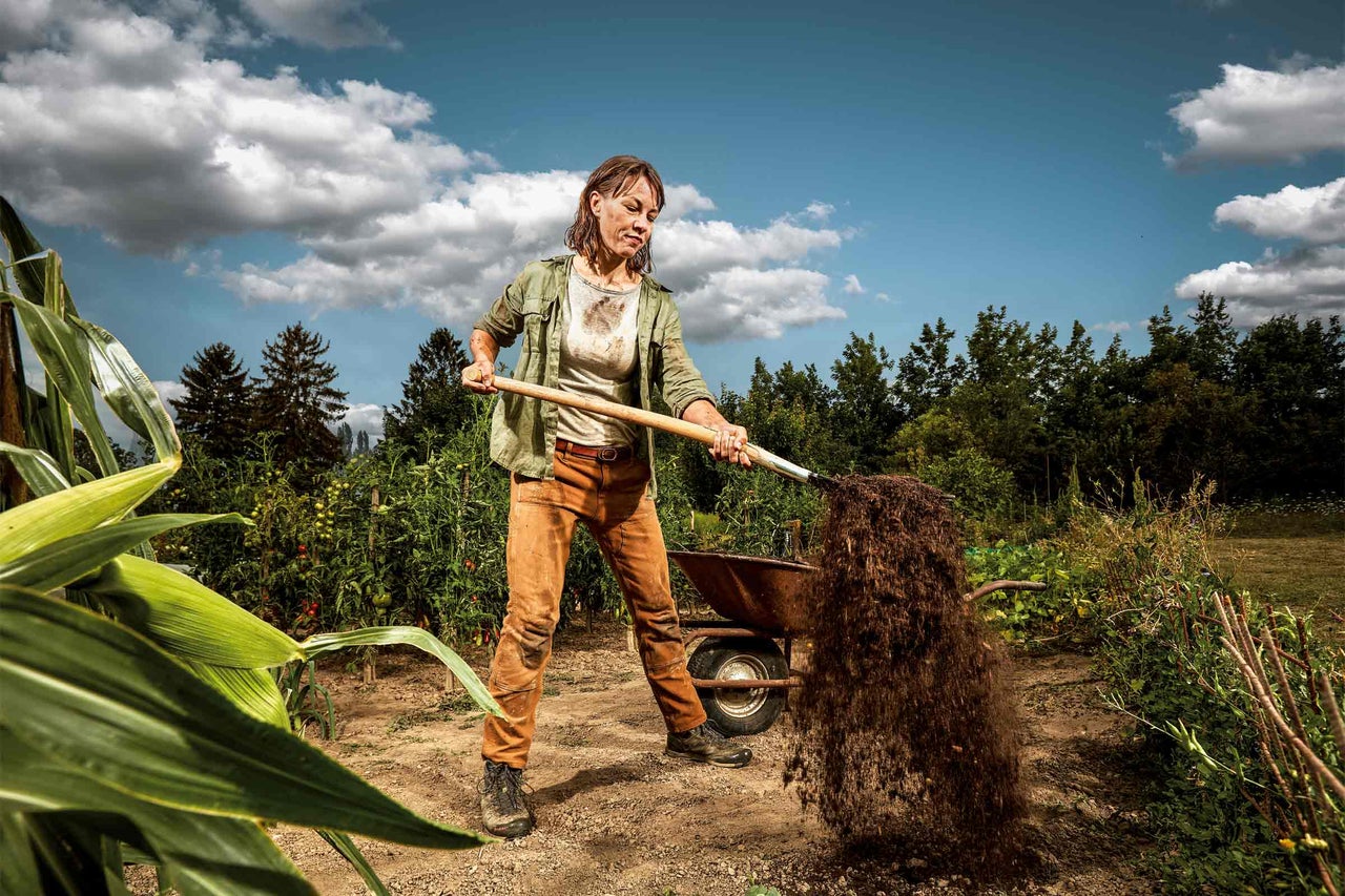 Eine Frau schaufelt Erde in einem Garten mit Schubkarre und Gemüsepflanzen.
