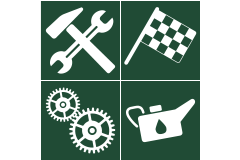 Symbole d'outils&nbsp;: marteau, clé, drapeau à damier, engrenages, bidon d'huile