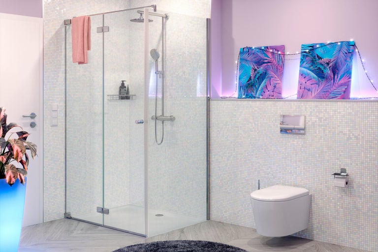 Salle de bains avec cabine de douche, toilettes et décoration