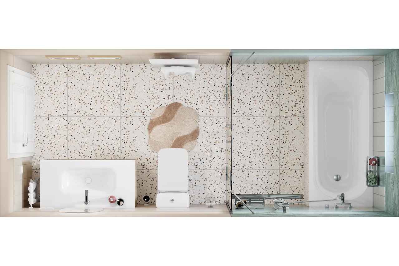 Salle de bains moderne vue de dessus avec sol en terrazzo, meuble vasque blanc, toilettes suspendues et baignoire avec paroi en verre.