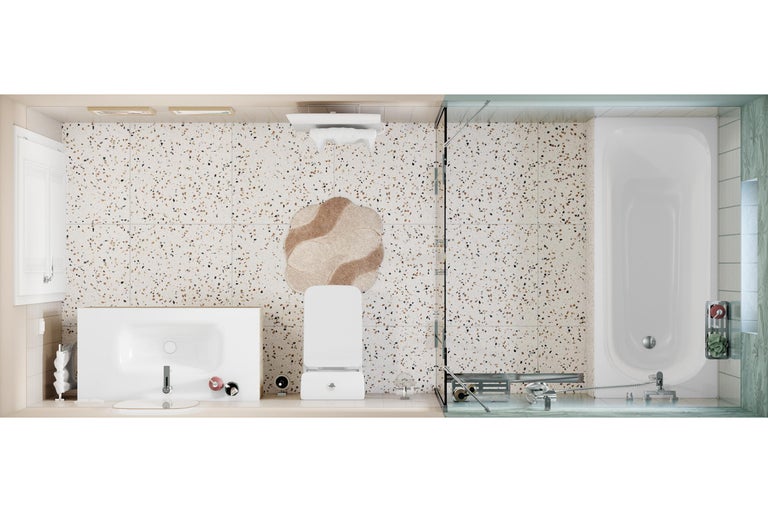 Salle de bains moderne vue de dessus avec sol en terrazzo, meuble vasque blanc, toilettes suspendues et baignoire avec paroi en verre.