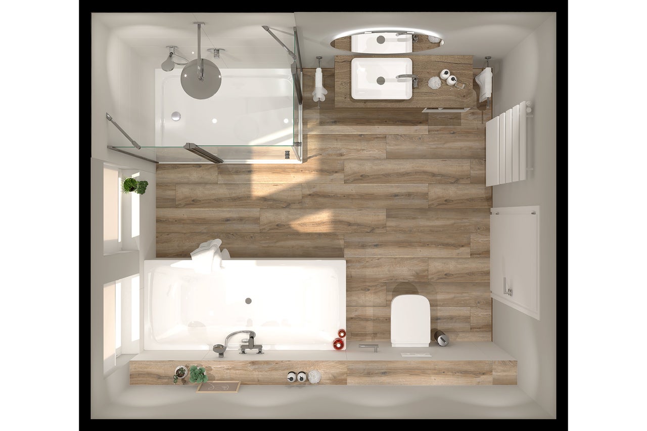 Vue de dessus sur salle de bain moderne avec sol aspect bois, baignoire, douche spacieuse, lavabo et toilettes.