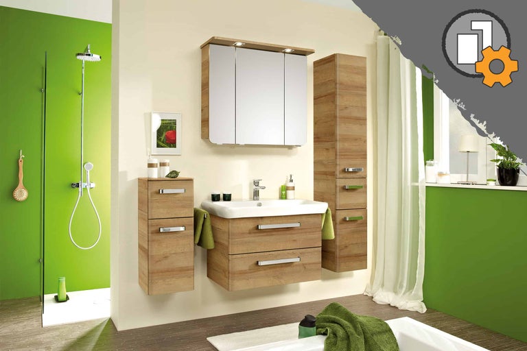 Salle de bains avec lavabo, armoire de toilette et armoire haute aspect bois