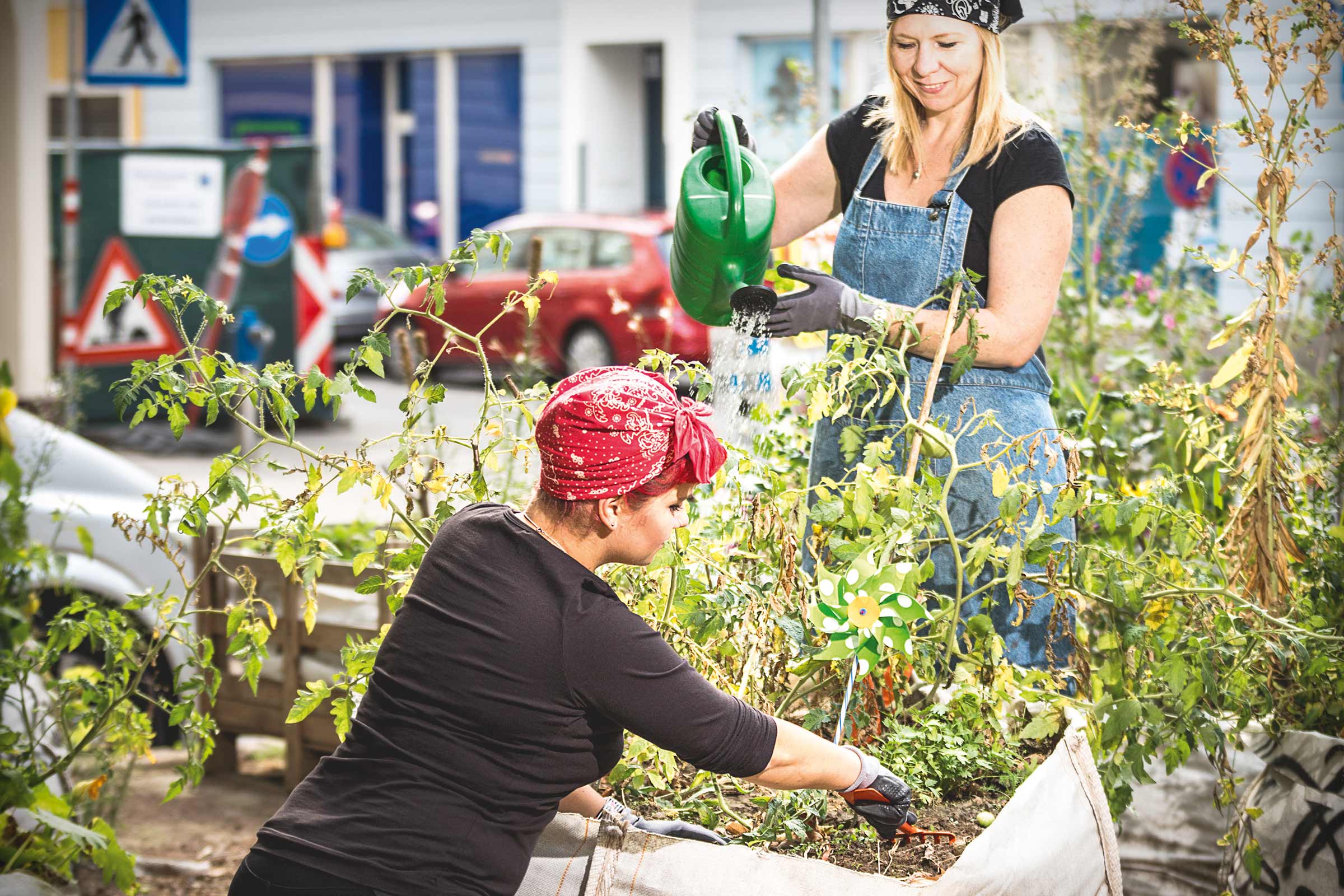 Zwei Frauen arbeiten in einem urbanen Garten mit Hochbeeten, wobei eine mit einer Gießkanne bewässert und die andere Unkraut jätet.