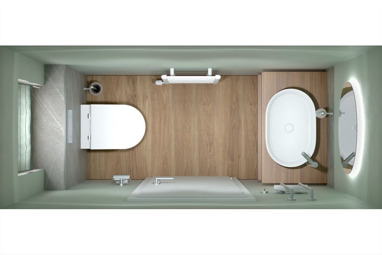 Vue de dessus d une salle de bains moderne avec WC suspendu, vasque à poser ovale sur console en bois, sol aspect bois et miroir rond.