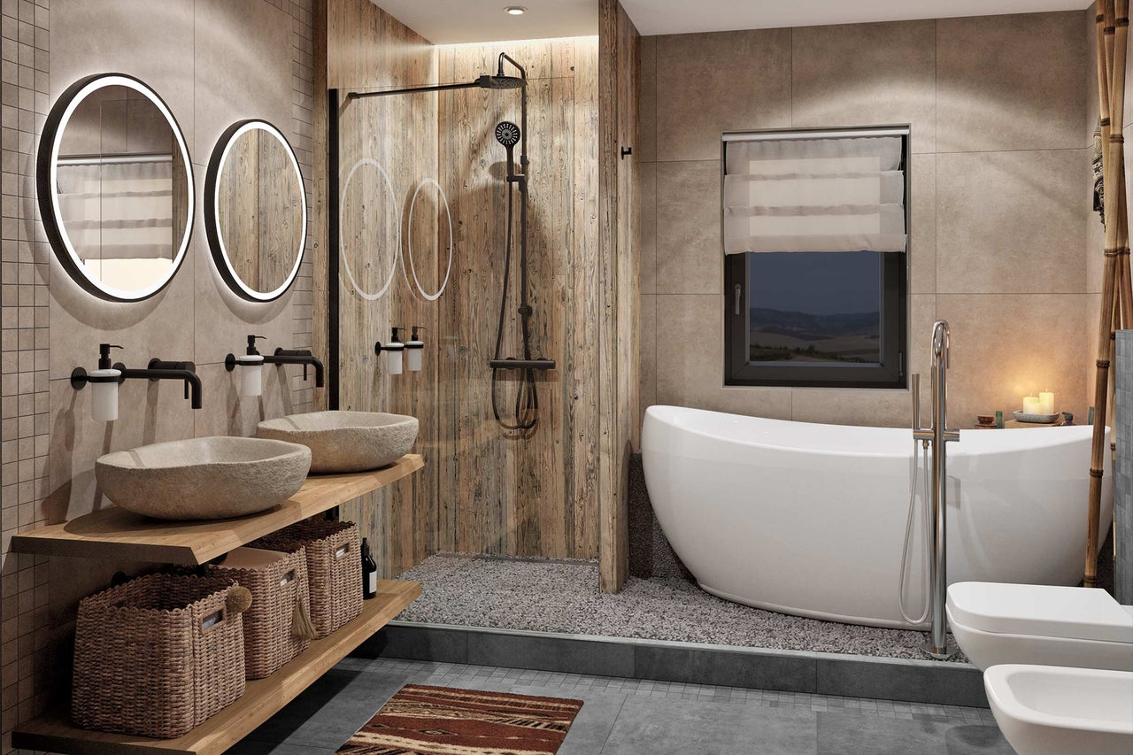 Badezimmer mit Doppelwaschtisch, Badewanne und Dusche